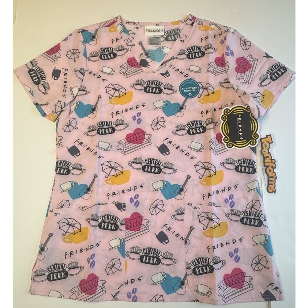 Tooniforms Friends Scrub Top Womens Small Pink Central Perk NWT